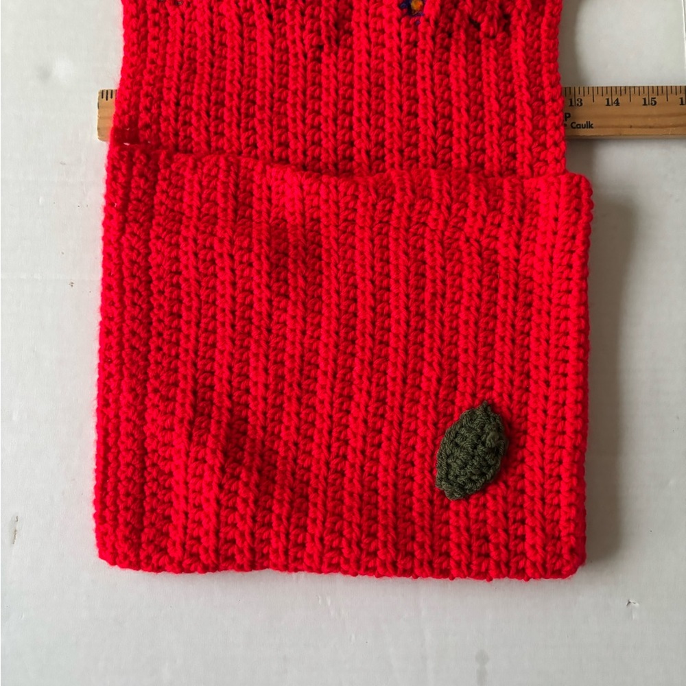 Handmade Knit Clutch Bag Fold Over Red w/ Crochet Blue Flowers Boho Pouch - Picture 4 of 8